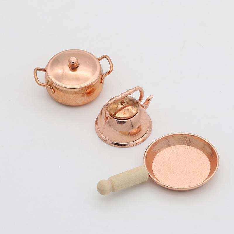 1:12 Dollhouse Miniature Bronze Frying Pan Pot Kettle Cooking Kit