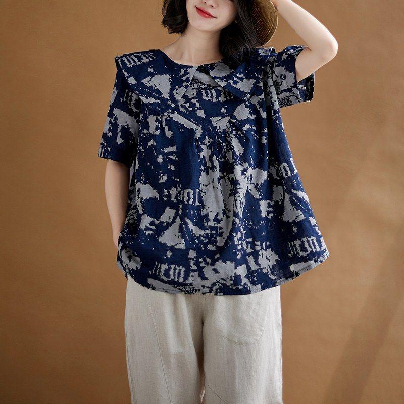 Большой Размер Свободная Летняя Женская Рубашка Футболка Литературная и Модная Кукольная Рубашка Топ Мода