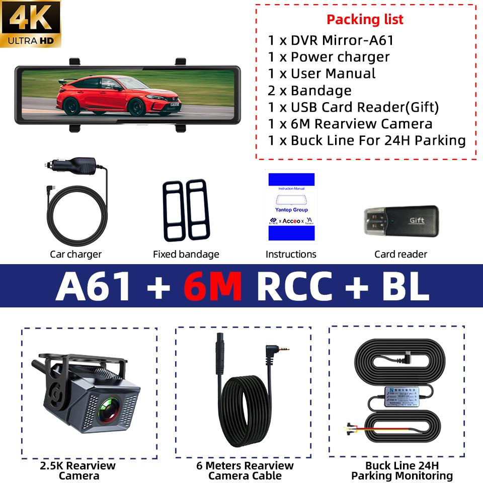 E-ACE 4K Dashcam Mirror 12 Inch Car Video Recorder Support 2.5K Waterproof Rear Camera ADAS WIFI GPS Black Box Dash Cam
