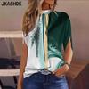 Women's Fashion Casual Summer Spring Colour Block Print Short Sleeve Half Turtleneck Blouses & Shirts