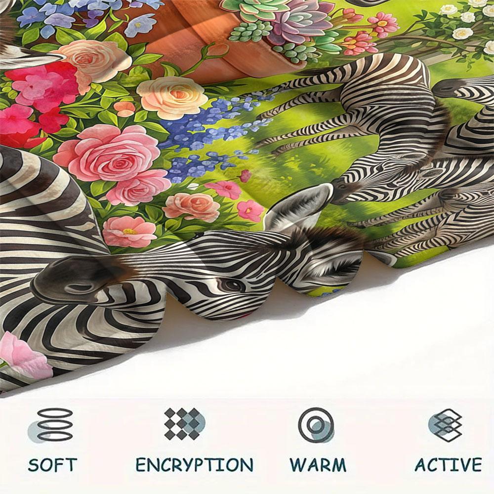 1PC Zebra Garden Party Printed Flannel Blanket High quality All Seasons for Lunch Break Warmth and Comfort Birthday Present Christmas Gifts