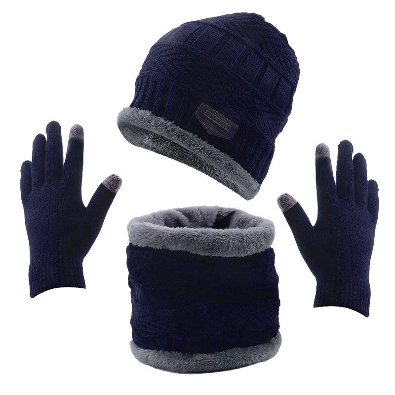 3pcs/set Fashion Plush-lined Knitted Caps Men Women's Winter Hats Scarves Touch Screen Gloves Thicken Warm Beanie Hat