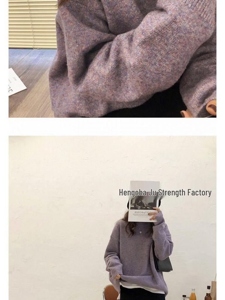 Женский вязаный свитер в ретро-стиле свободного кроя - Круглый вырез, однотонный, мягкий и плотный для сезона Осень/Зима 2025