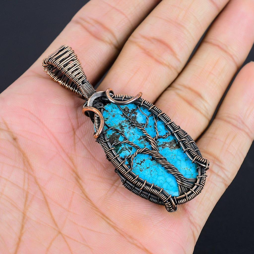 Tibetan Turquoise Pendant, 999 Copper Wire Wrapped Gemstone Jewelry, Handmade Pendant, For Thanksgiving