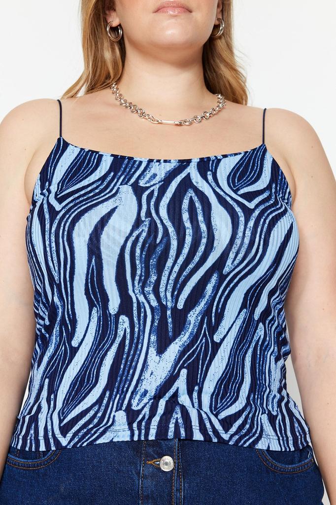 Women's Style Plus Size Blouse Blue Strappy Patterned Knitted Crop Blouse