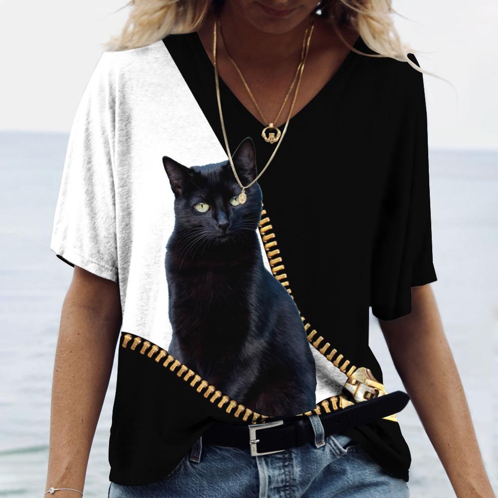 Футболка с 3D принтом кота, женские футболки большого размера с v-образным вырезом, топы, женские повседневные модные футболки с короткими рукавами, уличная одежда, женская одежда Y2k