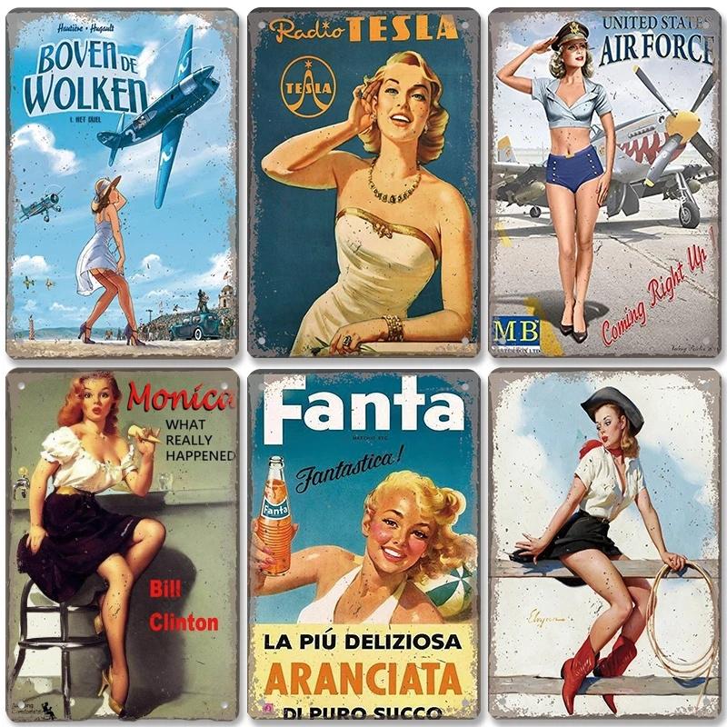 Сексуальная девушка в стиле пин-ап для девочек, винтажная металлическая жестяная вывеска, пиво, кола, самолет, металлический постер в стиле ретро для бара, паба, клуба, домашний настенный художественный декор