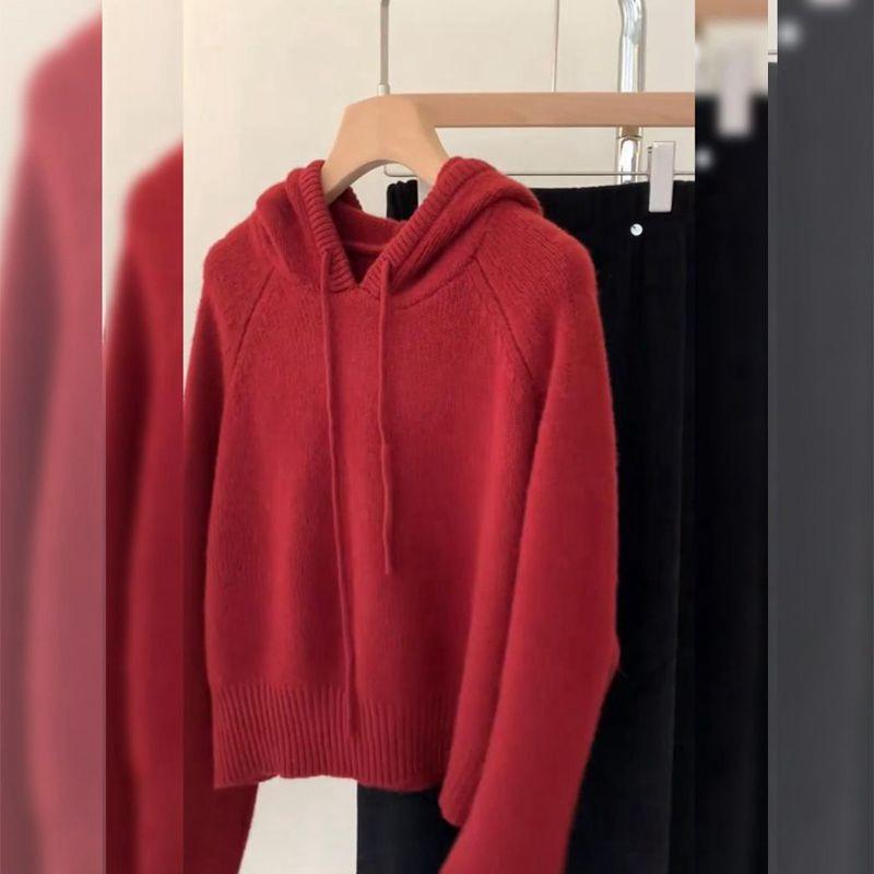 Hooded Red Sweater Women's Autumn and Winter Lazy Wind High-end Knitted Sweater Inner Top Small Early Autumn