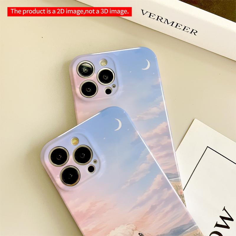 2DFlat Cute Lamb Under Pastel Sky with Crescent Moon All inclusive film hard iPhone case, compatible with iPhone 18 Pro Max 17 16 15 14 13 12 11