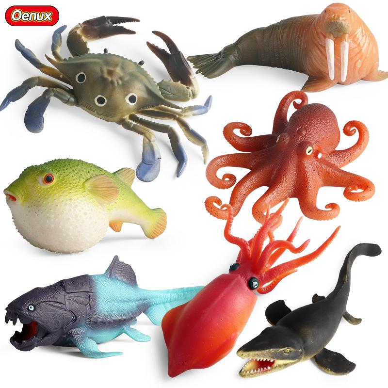 Oenux Sea Life Animals Soft Squid Pufferfish Crab Model Action Figures Anti Stress Relief Toy Kids Gift Fun Pressure Reduction