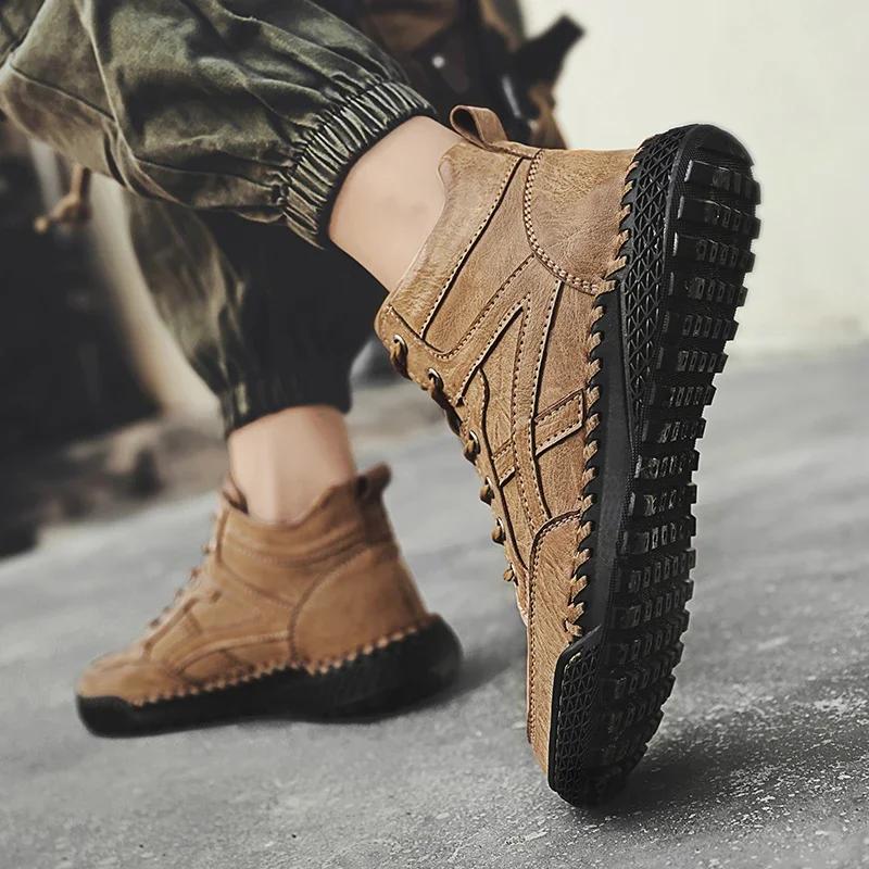 Fashion New 2024 Stylish Men Handmade Casual Leather Basic Boots Outdoor Antiskid Flat Design Hiking Sneakers Comfy Lace-Up Ankle Boots