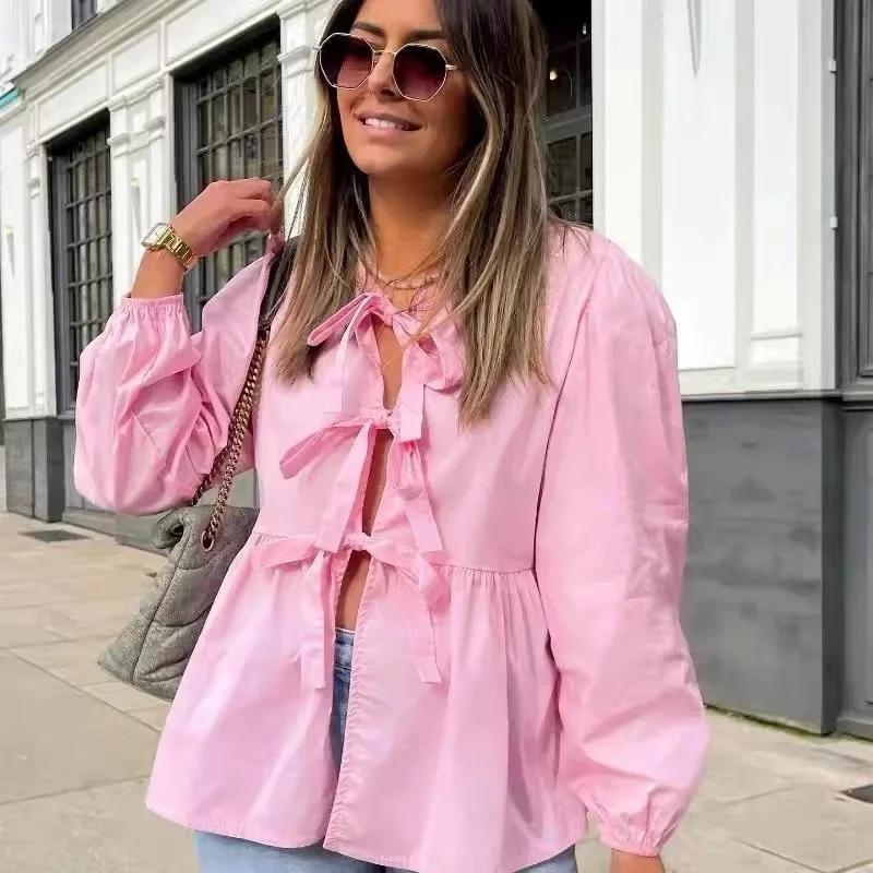 Летняя уличная модная женская блузка, повседневная рубашка с длинным рукавом и галстуком-бабочкой на шнуровке, топы, женские офисные элегантные сексуальные рубашки с круглым вырезом 24427