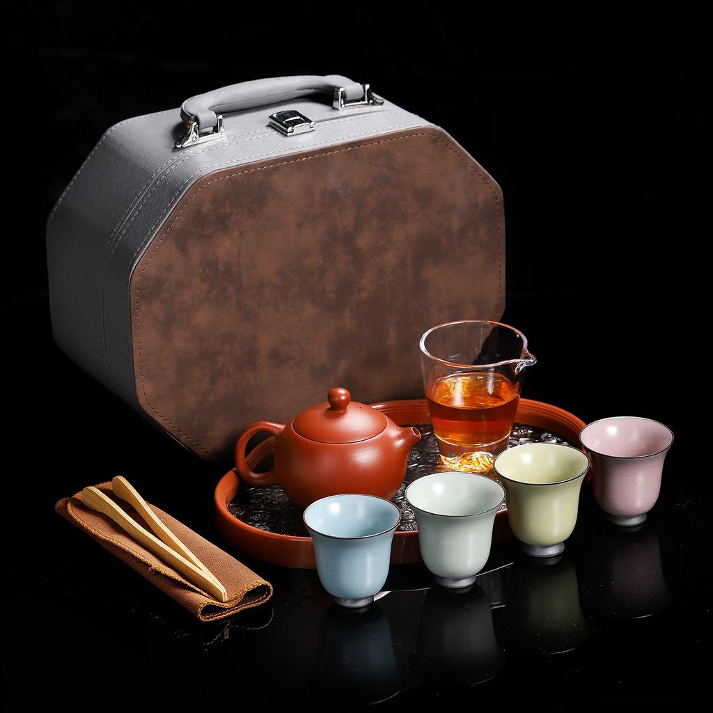 High-end Ru kiln travel tea set, one pot of four cups, purple sand Xishi pot glass, fair cup, business event gifts