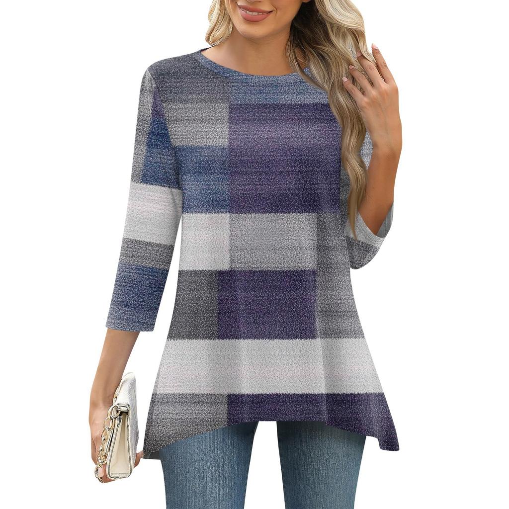 3/4 рукав туника топы для женщин принтованный повседневный выходной свободный крой модная базовая футболка с круглым вырезом