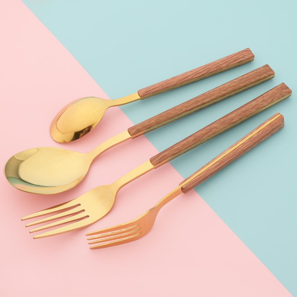 24Pcs Imitation Wooden Handle Cutlery Set Knife Dessert Fork Coffee Spoon Dinnerware Set Gold Kitchen Tableware Stainless Steel Flatware