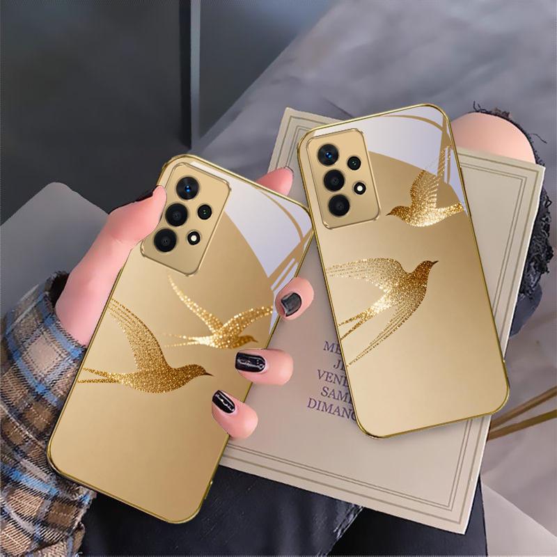 golden flying bird For Samsung A 01 52S A04 A05S A10 A12 A13 22 23 24 36 42 M02 Note 10 20Ultra 8 9 Golden glass phone case