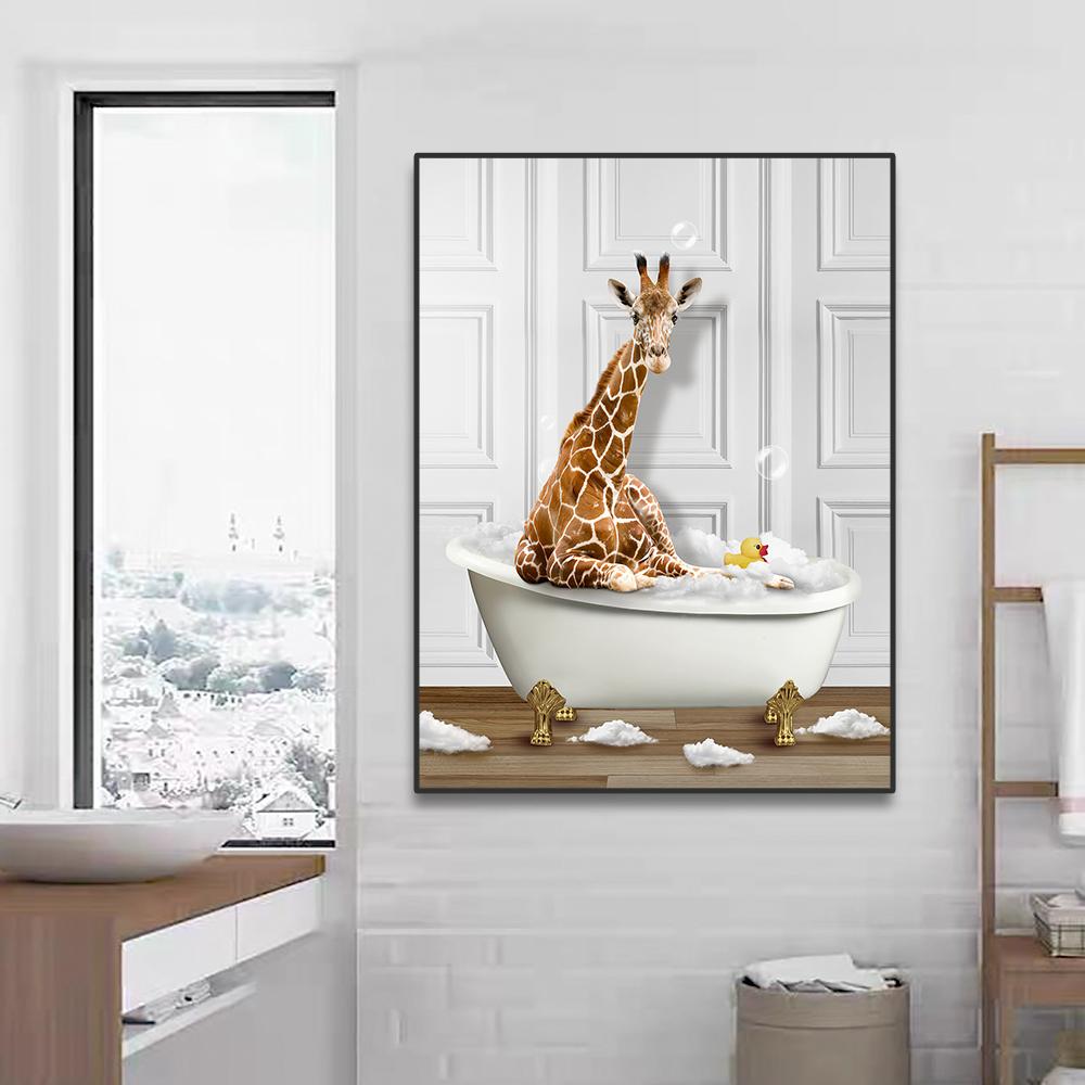 Забавные животные Настенное искусство Постеры Принты Купающийся жираф Пингвин Слон Зебра Холст Живопись Картина для Ванной Комнаты Комнаты Домашний Декор