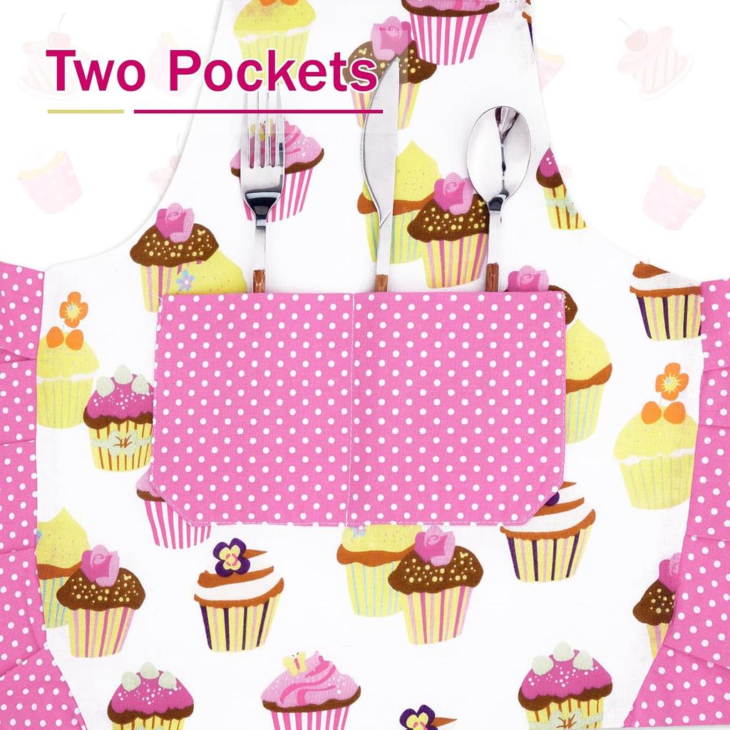 ASPMIZ Cupcake Kids Apron, Pink Baking Bib Apron for 2-6 Years Child, Cute Chef Apron with Pockets for Gardening Painting, Adjustable Kitchen Apron