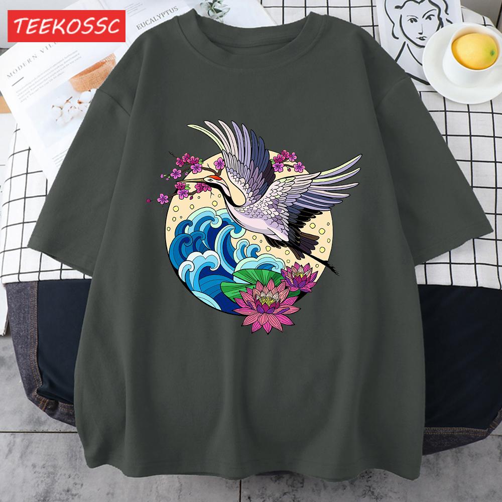 Cranes Enjoy Blooming Flowers Men T Shirts Vintage Fashion Soft Short Sleeve Summer Comfortable TShirt Unisex Cotton Loose Top