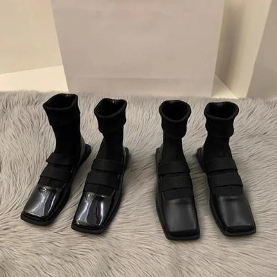 Модные квадратные вязаные носки-ботинки в британском стиле 2025 новые женские ботинки высокого качества, стройнящие лоферы, женские ботильоны, туфли