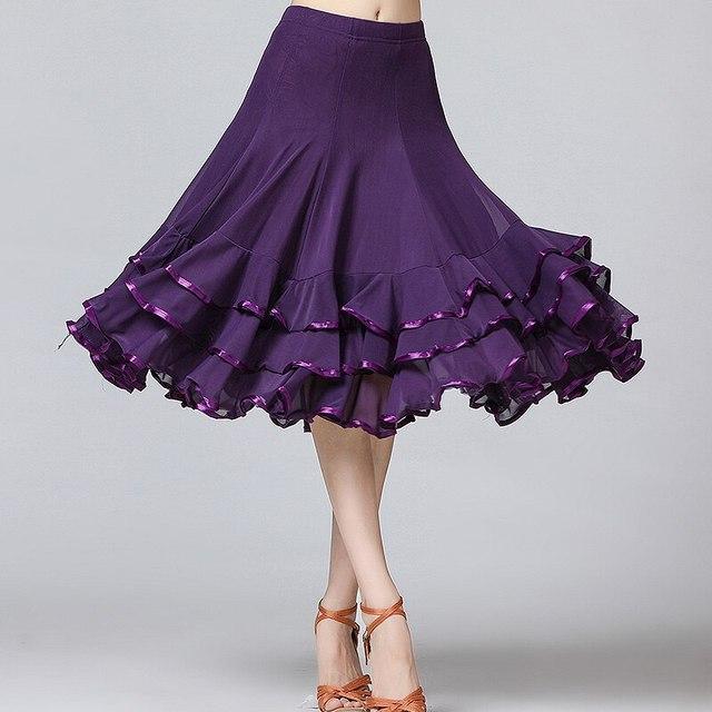 Woman Solid Ballroom Waltz Dance Ruffles Skirt Modern Tango Skirt Medium Length Dance Skirt