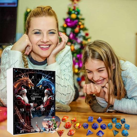 Рождественский адвент-календарь 2024, акриловые игральные кости, украшения, 24-дневный календарь обратного отсчета, набор разноцветных многогранных игральных костей