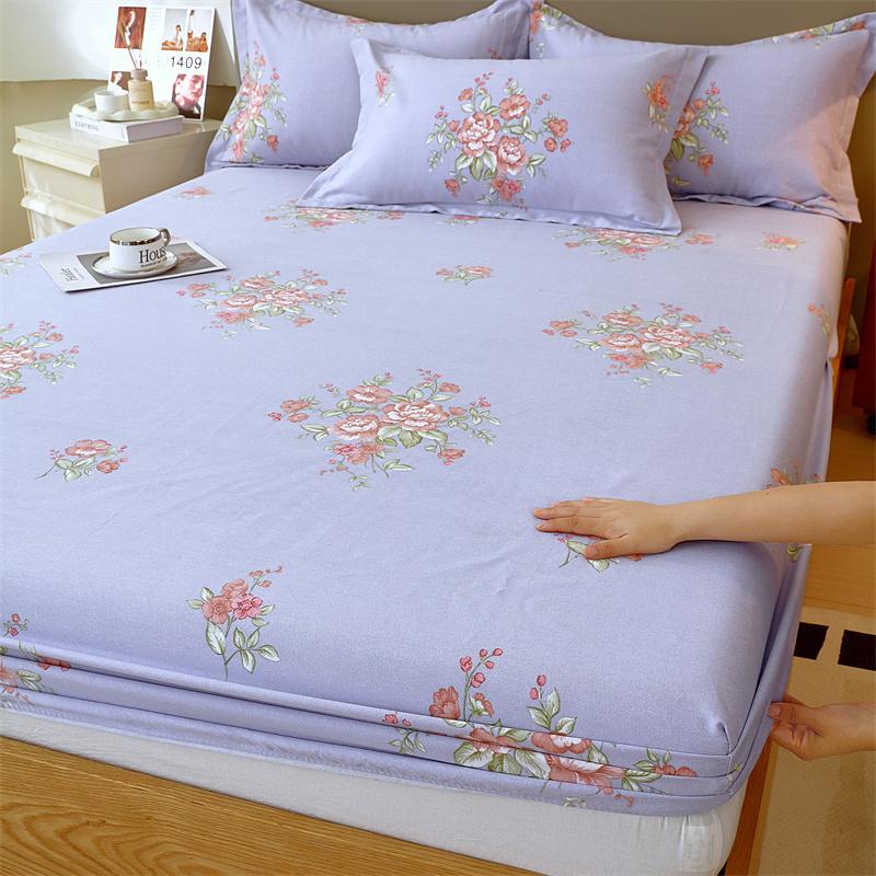 Classic Floral Pattern Fitted Sheet Set 100% Cotton Thickened Fitted Sheet Soft Skin-friendly Mattress Cover with 2 Pillowcases