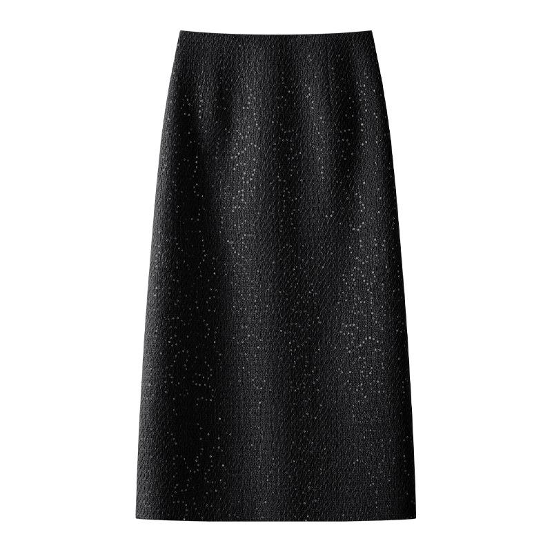 2024 Женская желтая твидовая юбка миди с пайетками – Осенне-зимняя прямая облегающая