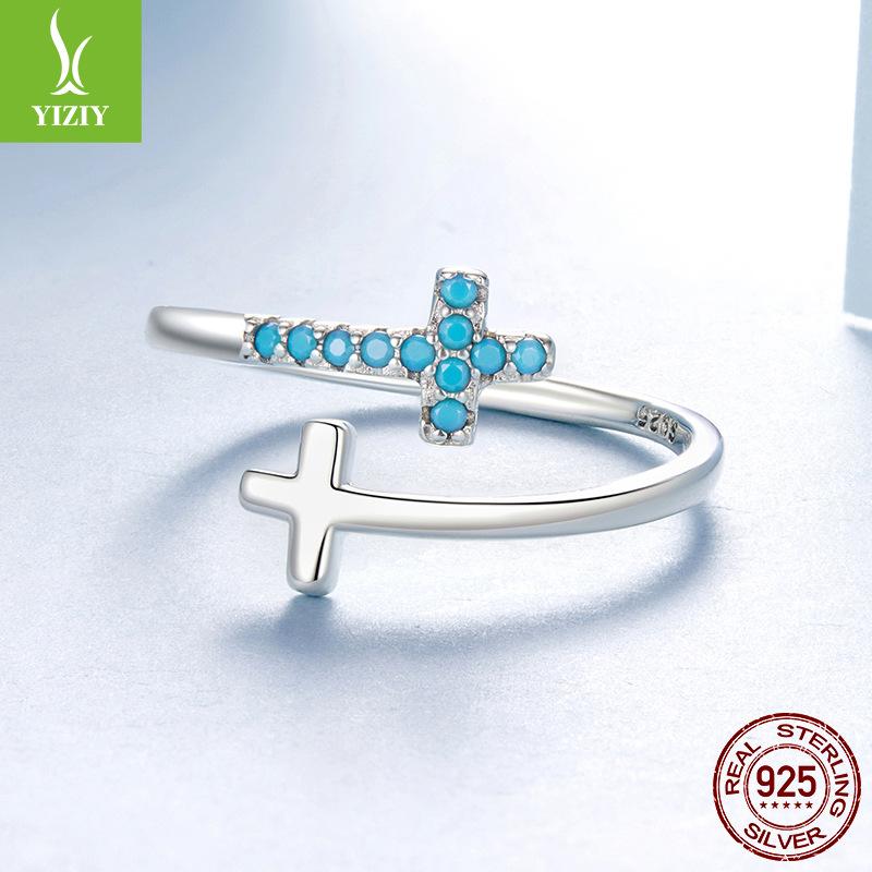Turquoise Cross Open Ring, Classic Design S925 Sterling Silver Ring Jewelry