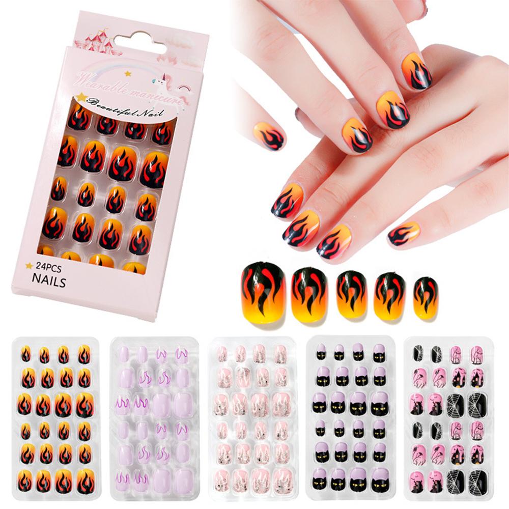 On Halloween Glue Self Bat Fire Nail Art Decorations Manicure Fake Nail Tips Short False Nails