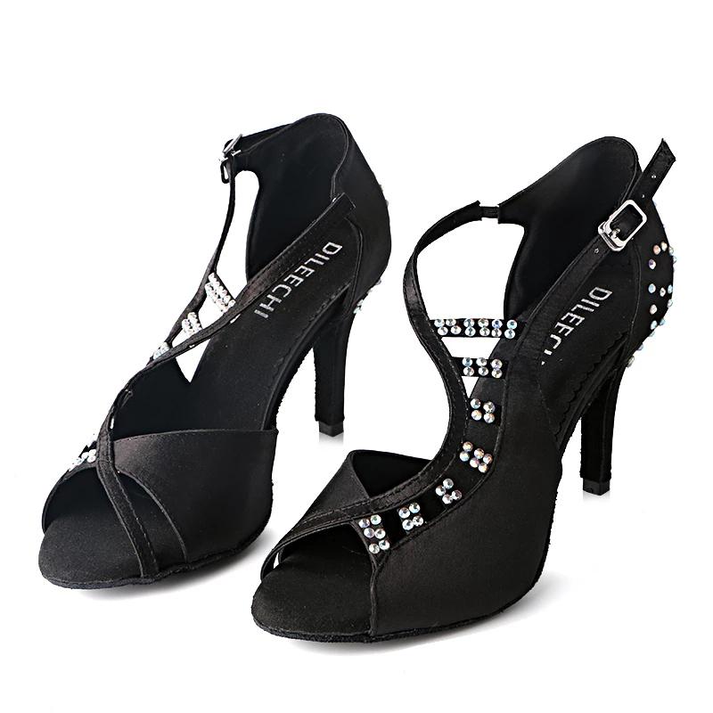 Женская танцевальная обувь DILEECHI, ​​туфли для латинских танцев, женские черные атласные туфли со стразами и мягкой подошвой на тонком каблуке 8,5 см, вечерние туфли для сальсы, туфли для бальных танцев