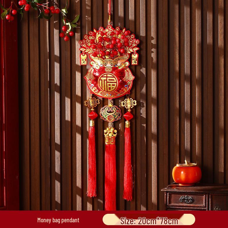 New Year Horse Lucky Bag Red Fruit & Fish Hanging Ornament - Fu Character Festival Decoration for Living Room