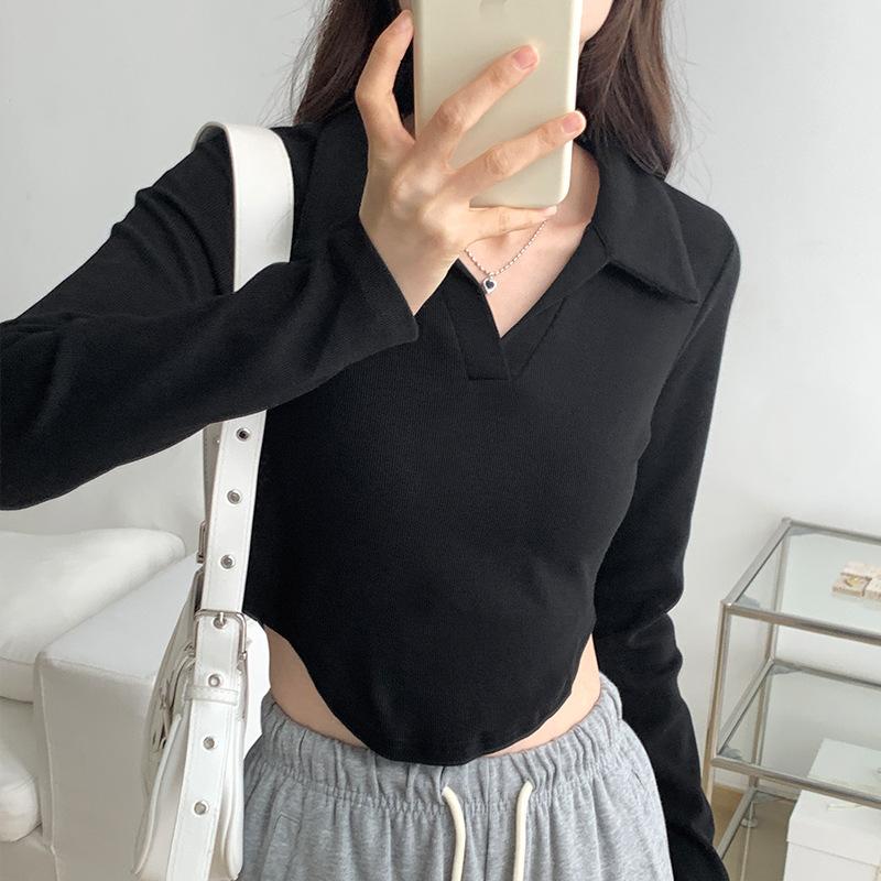 Горячая женская рубашка поло с воротником на правом плече и длинными рукавами, женская осенняя модель, изогнутый подол, утягивающий короткий топ с длинными рукавами