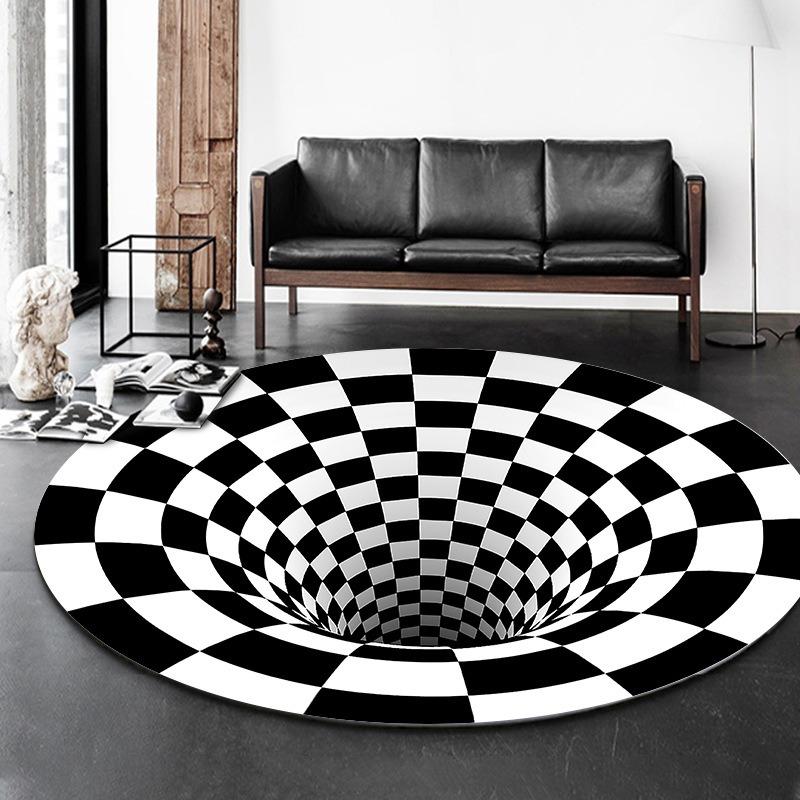 Disney Black White Plaid 3D Visual Carpet Circular Vortex Living Room Coffee Table Sofa Floor Mat Bedroom Home Decor Rug