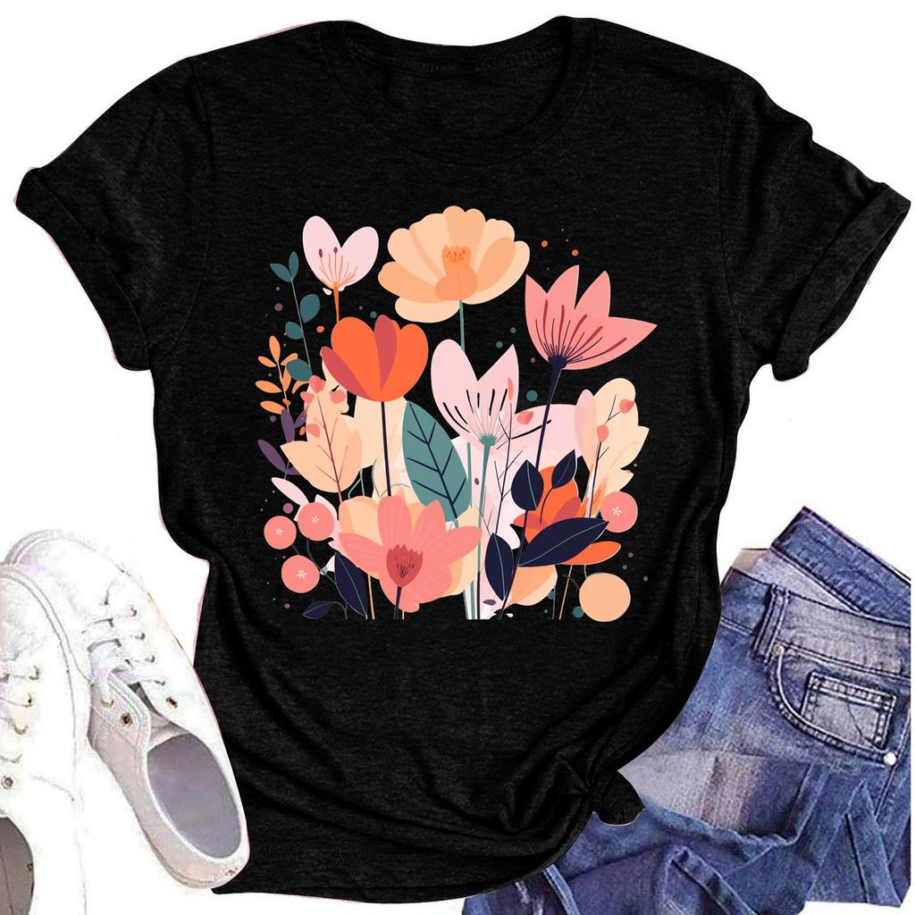 Женская повседневная футболка с круглым вырезом и цветочным принтом, короткий рукав