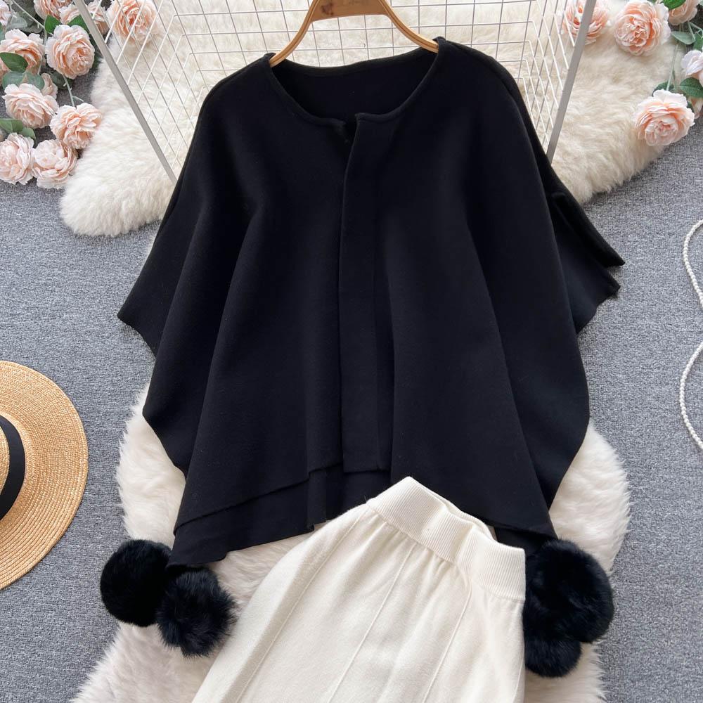 High Sense Of Retro Irregular Cape Shawl Women + High Waist Temperament Knitted Fishtail Half-Body Skirt Two-Piece Set
