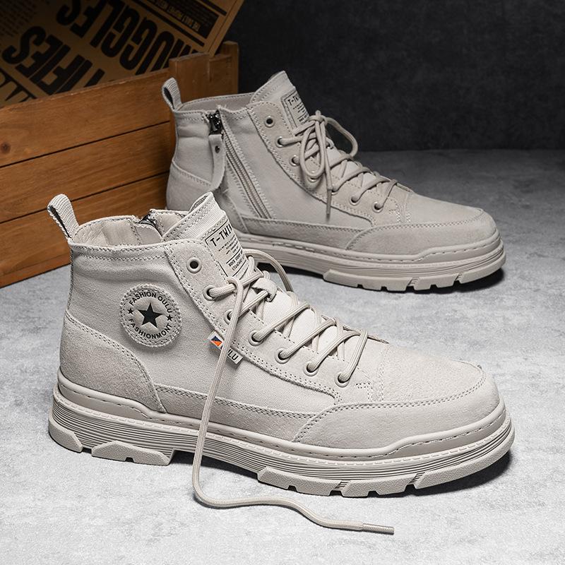 2025 Autumn Classical Shoes for Men Ankle Canvas Boots Fashion Patchwork High Tops Casual Shoes Street Cool Motorcycle Boots