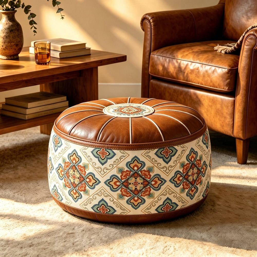 PU Leather Storage Ottoman Round Shape Floor Seat Cushion New Round Pouf Cover Living Room