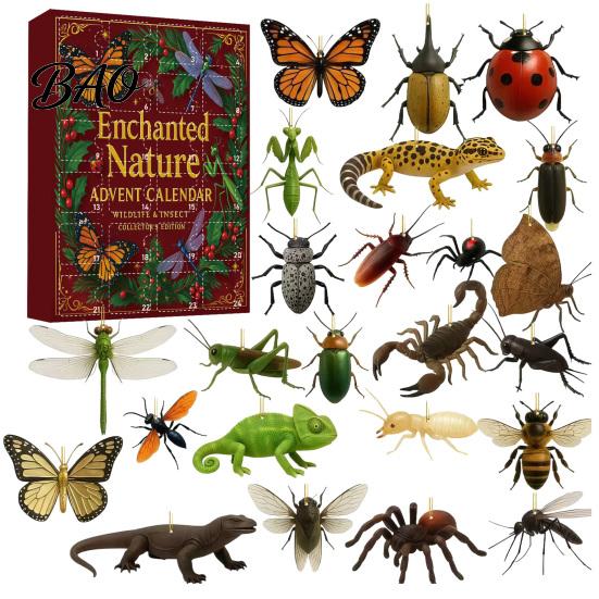 Unique Unboxing Experience 24-Day Christmas Countdown Calendar Box with 24 Insect And Reptile Acrylic Ornaments, 2D Creative Holiday Gifts Flat Animal