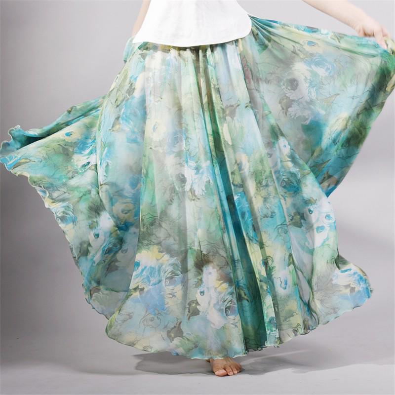 Женщины Boho длиной до пола, длинные пляжные вечеринки, свободные расклешенные винтажные богемные шифоновые юбки с цветочным принтом