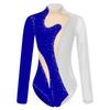 Womens Color Block Patchwork Leotard Sparkle Rhinestone Sheer Mesh Long Sleeve Bodysuit Gymnastics Acrobatics Dancewear
