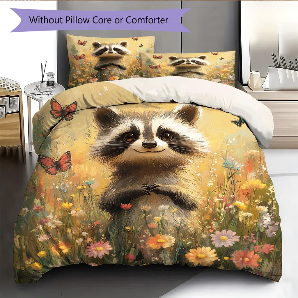 Raccoon and Flowers Pattern Bedding Home Decoration Birthday Gift (1 * duvet cover + 2 * pillowcase, without core)