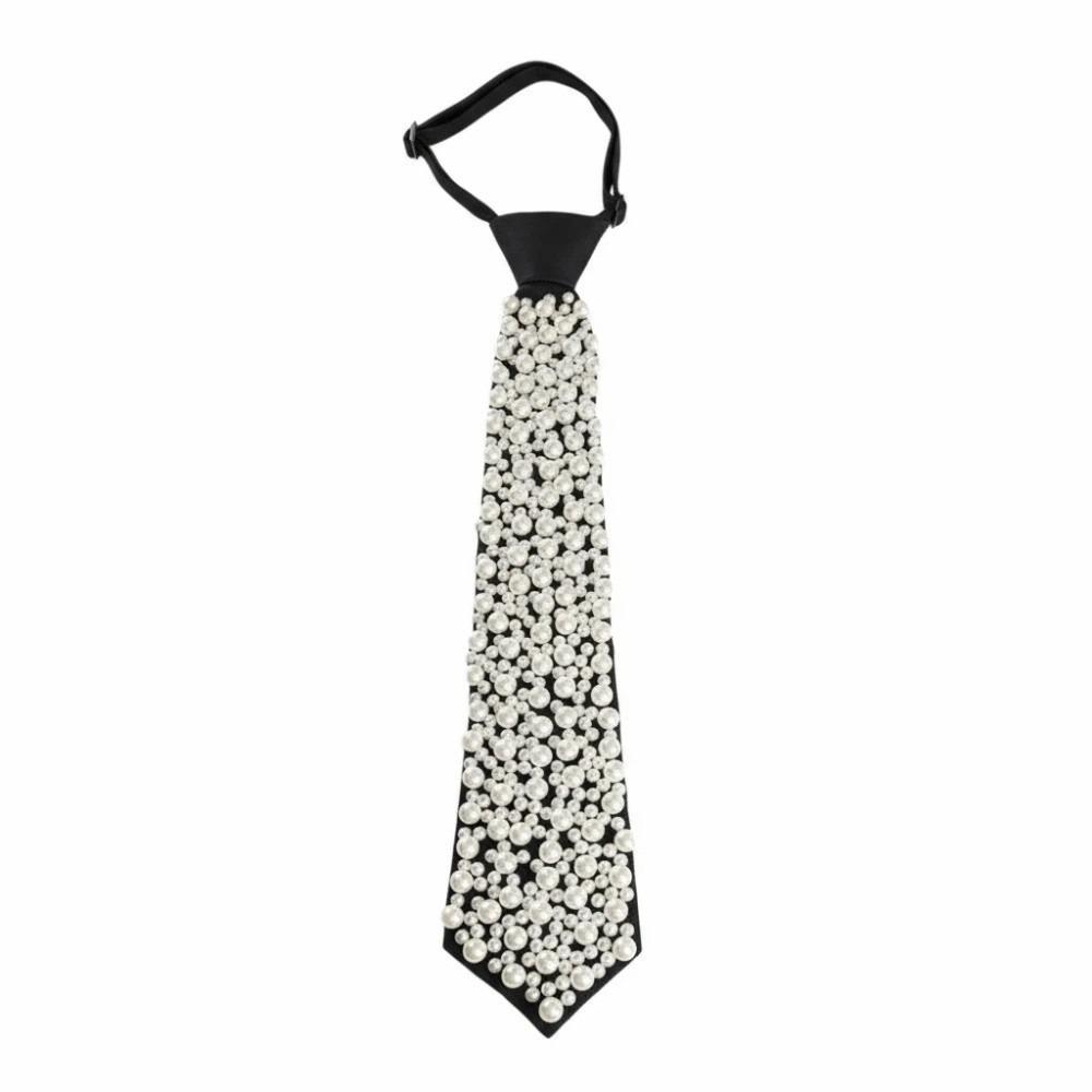 Korean Style Full Pearls Tie Black Choker Hand-beaded Long Necktie Academic Style Geometric Decoration Shirt Tie Daily