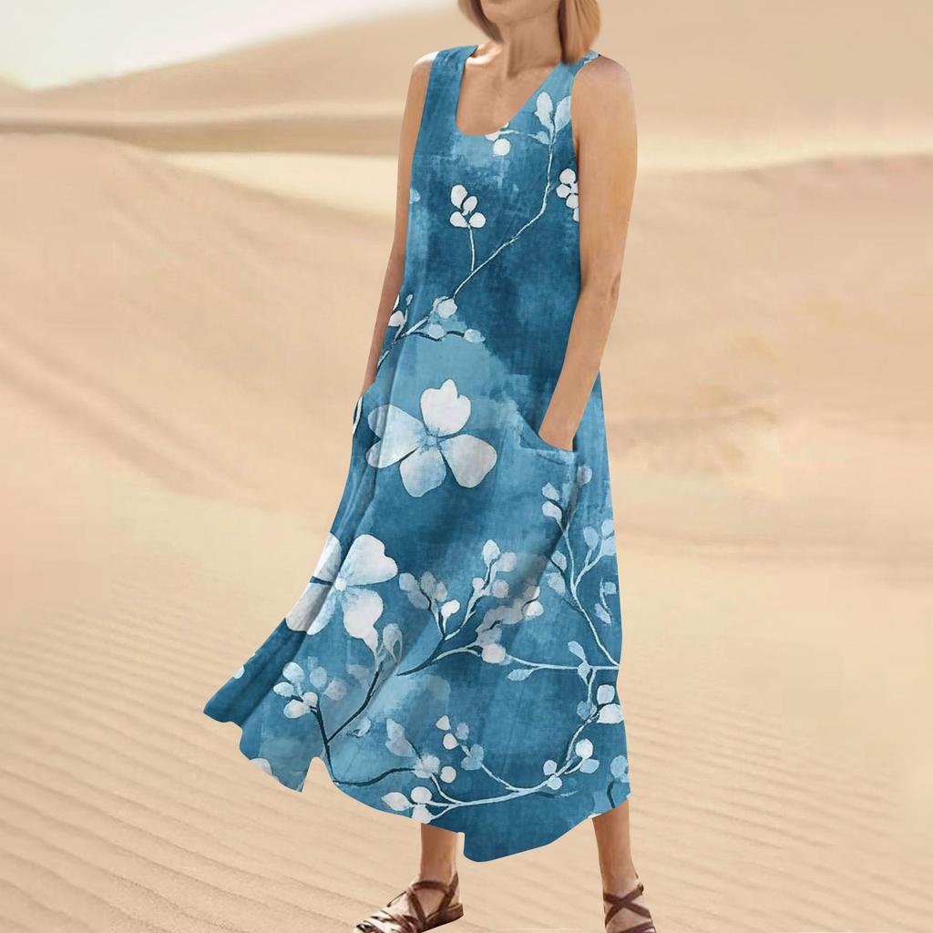 Женское летнее повседневное модное платье без рукавов с круглым вырезом и карманом с цветочным принтом