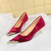 Women's Shoes with Thin Heel, Shallow Metal Pointed Toe, Flower Embossed Velvet, and Western Velvet Sole