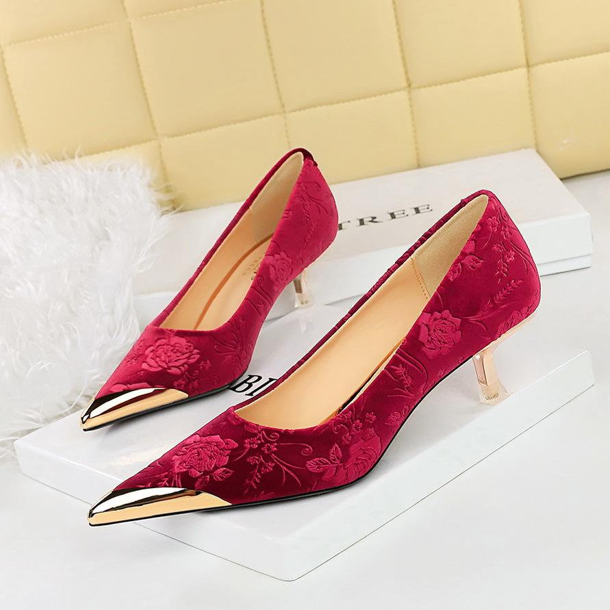 Women's Shoes with Thin Heel, Shallow Metal Pointed Toe, Flower Embossed Velvet, and Western Velvet Sole