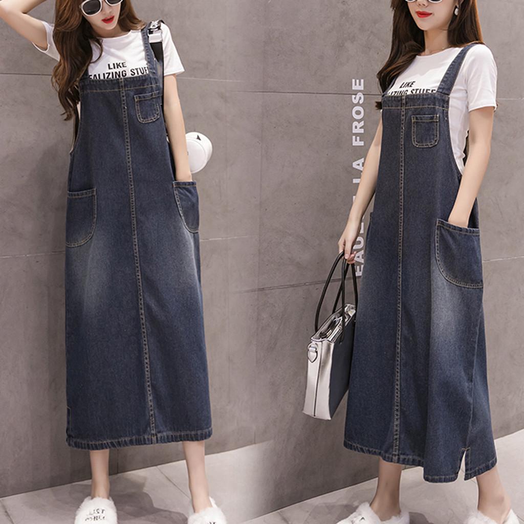 Women Loose Sling Denim Skirt Dungaree Dress Overall Jeans Long Pinafore