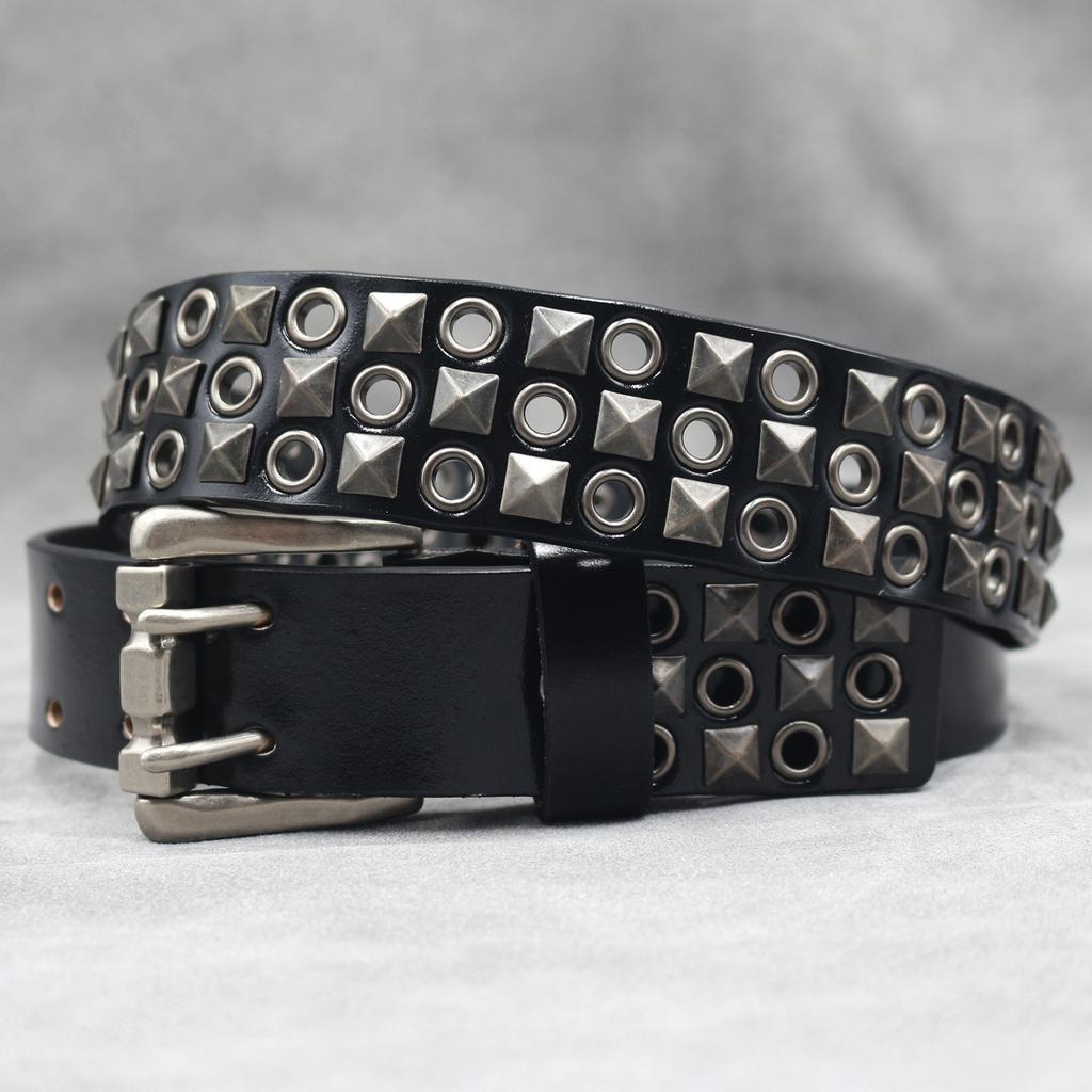 Design Punk Car Eye Hollow Rivet Men's Real Cowhide Belt Nightclub Women's Double Pin Buckle Belt
