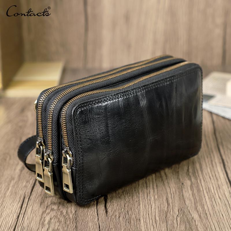 Кошельки-клатчи из натуральной кожи CONTACT'S для мужчин, сумка через плечо, сумка для телефона, кошельки для карт, многофункциональная сумка с застежкой-молнией