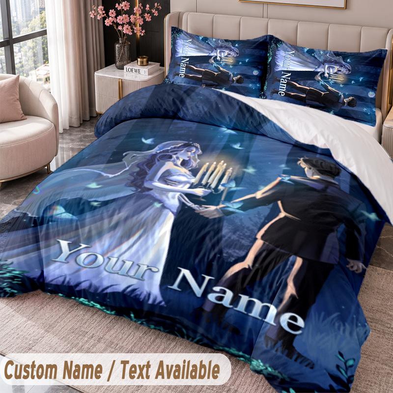 Custom Name Text 3Pcs Bedding Set Corpse Bride Emily Victor Duvet Cover And Two Pillowcases